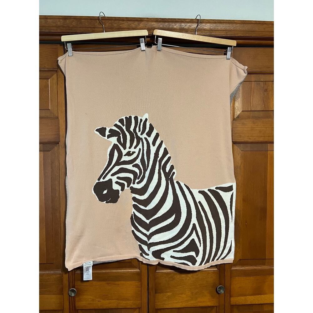 West Elm x Pottery Barn Kids Zebra Knit Throw Blanket Tan Brown 30x40 Cotton - Picture 2 of 9